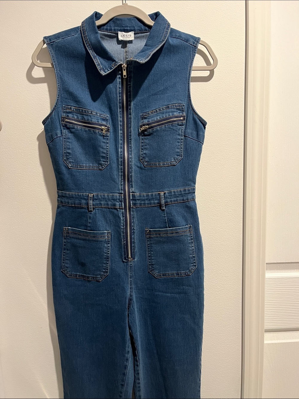 Le Lis Denim Sleeveless Jumpsuit in Dark Blue
